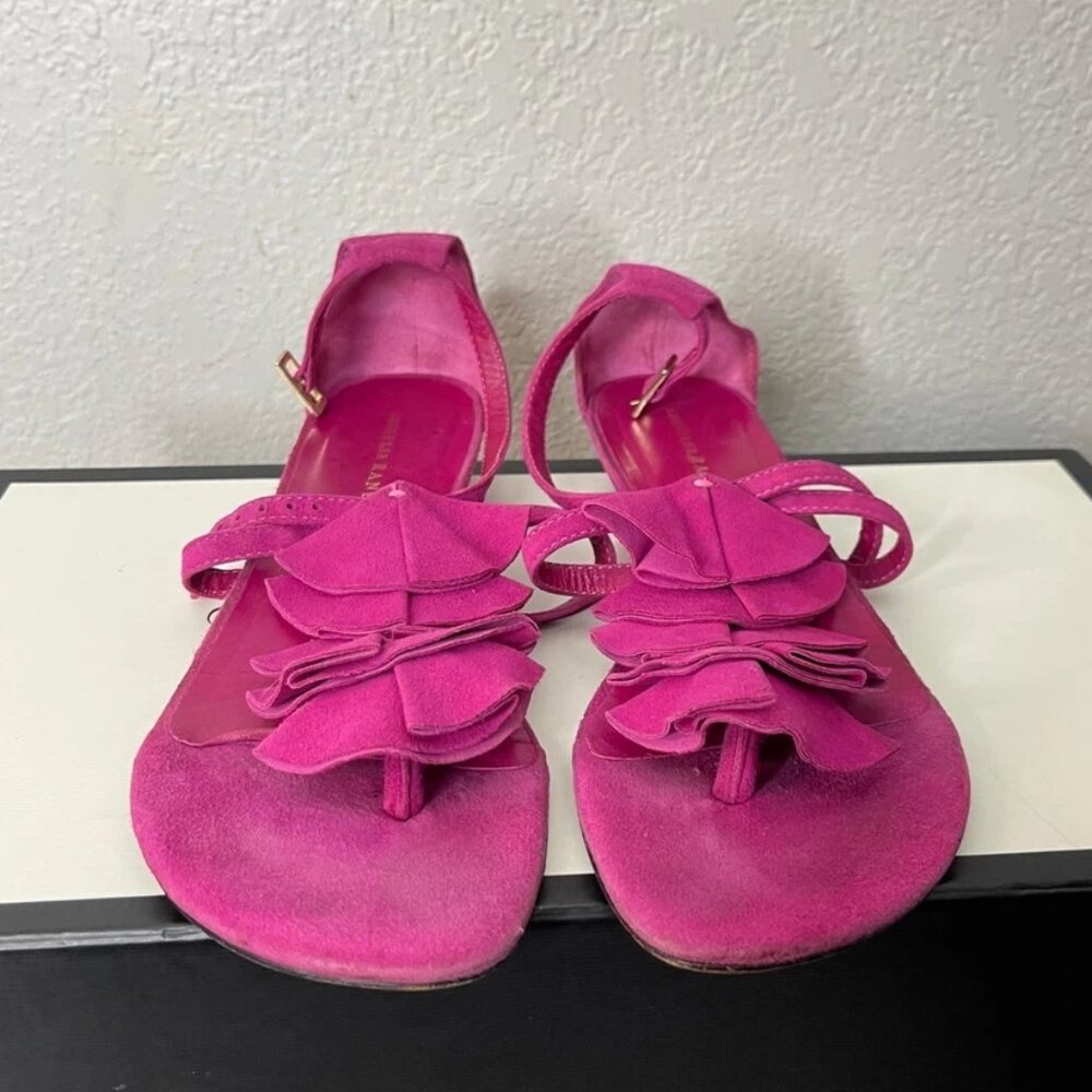 Loeffler Randall Pink Ruffle Sandals Suede Leather Slingback Women's Size 7 B